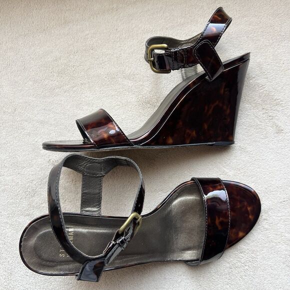 Stuart Weitzman Patent Leather Tortoise High Wedge Heel Sandals Women 10 M - Picture 16 of 16